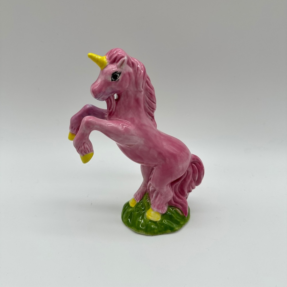 Pink Ceramic Rearing Unicorn Figurine Hand Painted Signed Grammy 15